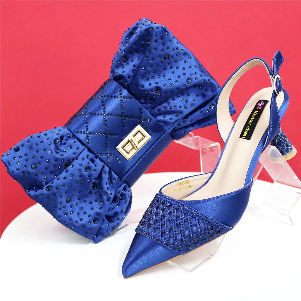 Latest Women Italian Shoes and Matching Bags Decorated with Rhinestone Elegant Pointed Toe Wedding Shoes Bride