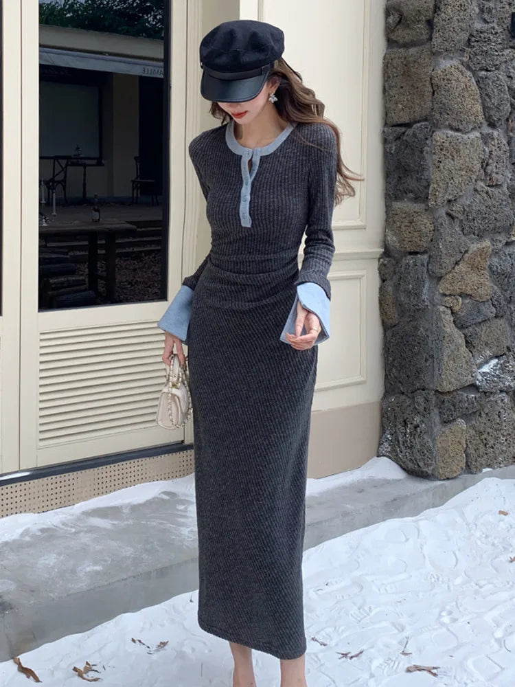 2025 Spring New Women Fashion Casual O-neck Party Dresses Ladies French Elegant Slim Waist Knitted Long Dress Vestidos Longos