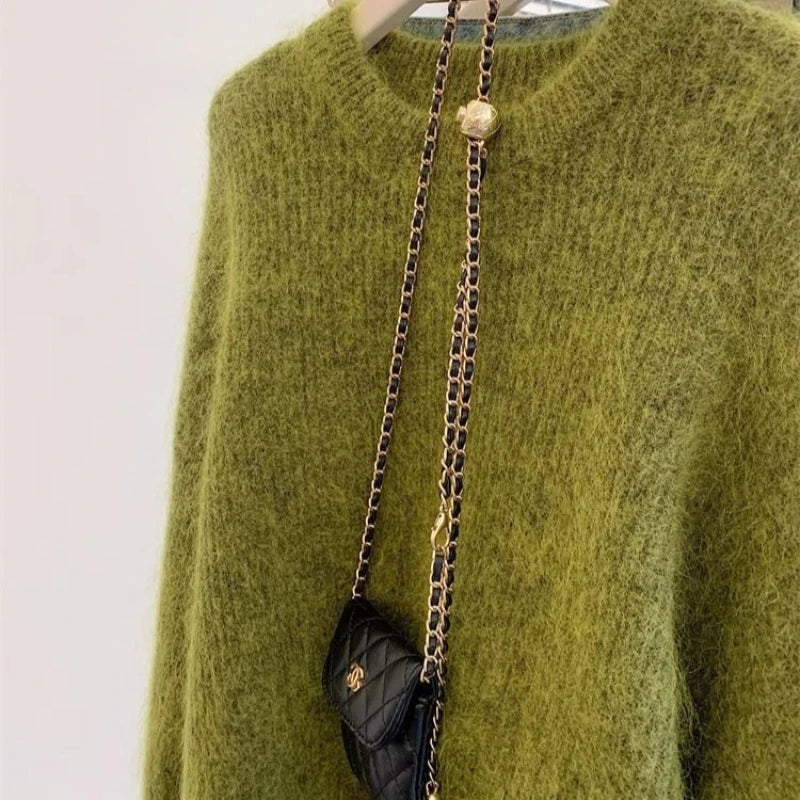 Women's Fashion Simple Casual Green Soft All Match Knitted Sweater Female O Neck Long Sleeve Loose Pullover Tops Sweaters Winter