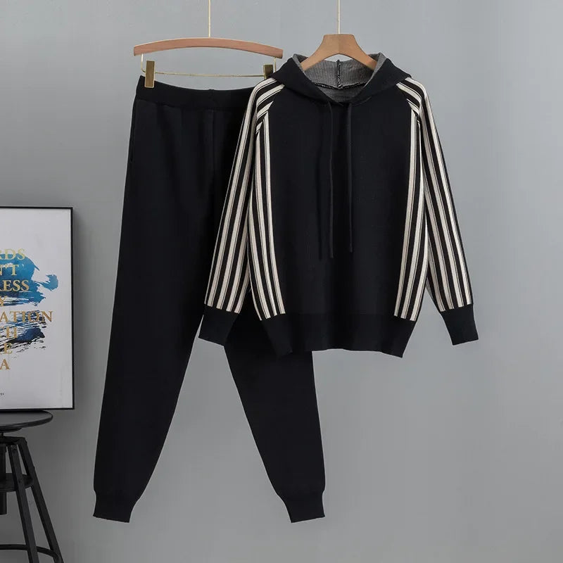 Fashion Autumn Women 2 Pieces Sets Casual Hooded Patchwork Loose Knitted Sweater Sports Harlan Pants Suits Winter Sportswear SwiftNest