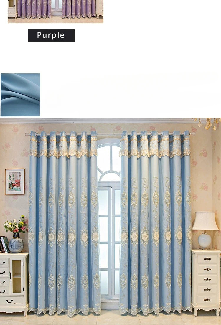 ستائر مخصصة لغرفة المعيشة وغرفة الطعام وغرفة النوم، قماش أوروبي فاخر مزدوج الطبقات مع تطريز متكامل وديكور معتم