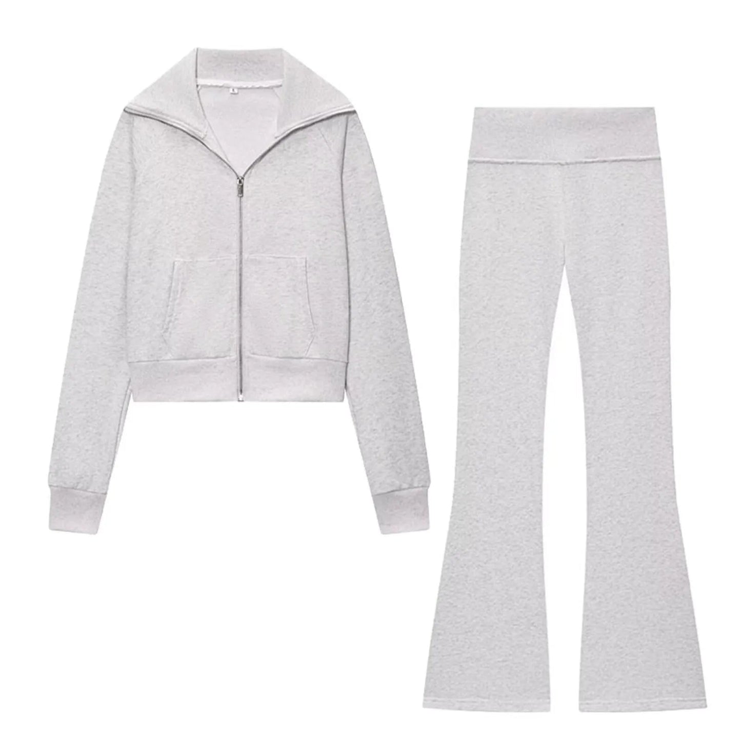 HH Women Autumn Fashion Sets Solid Turn-Down Collar Long Sleeves Pockets Zipper Slim Short Coat+Casual Elastic Waist Long Pants SwiftNest