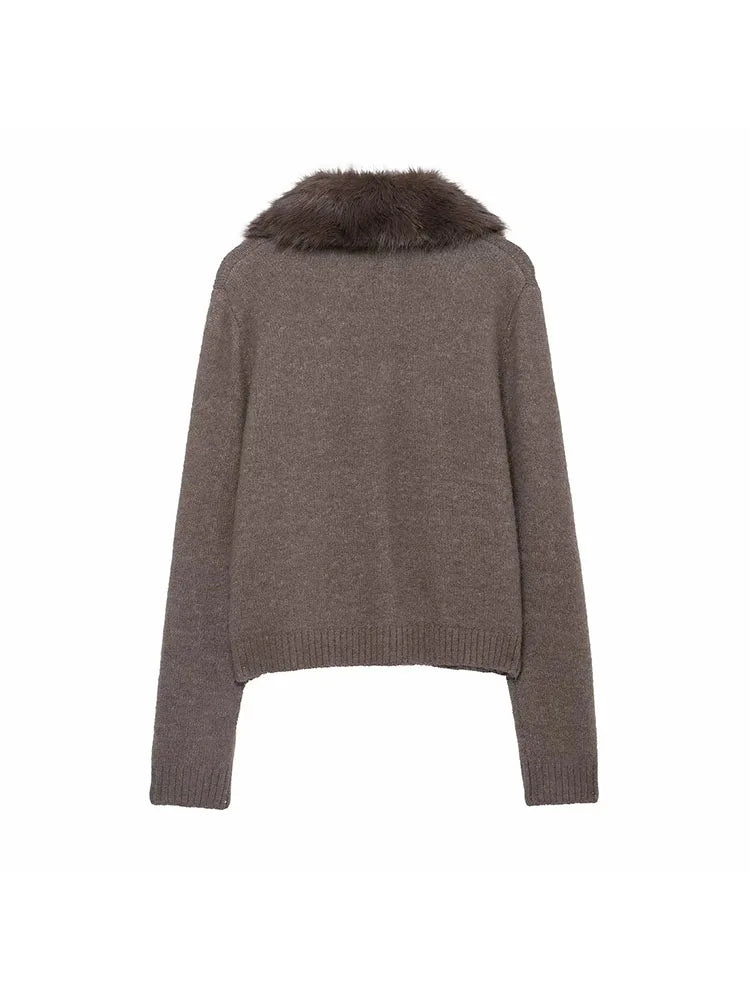 Women Autumn Winter Fashion Fall Vintage Patchwork Faux Fur Lapel Elegant Sweaters Single Breasted Knitwear Female Cardigans SwiftNest