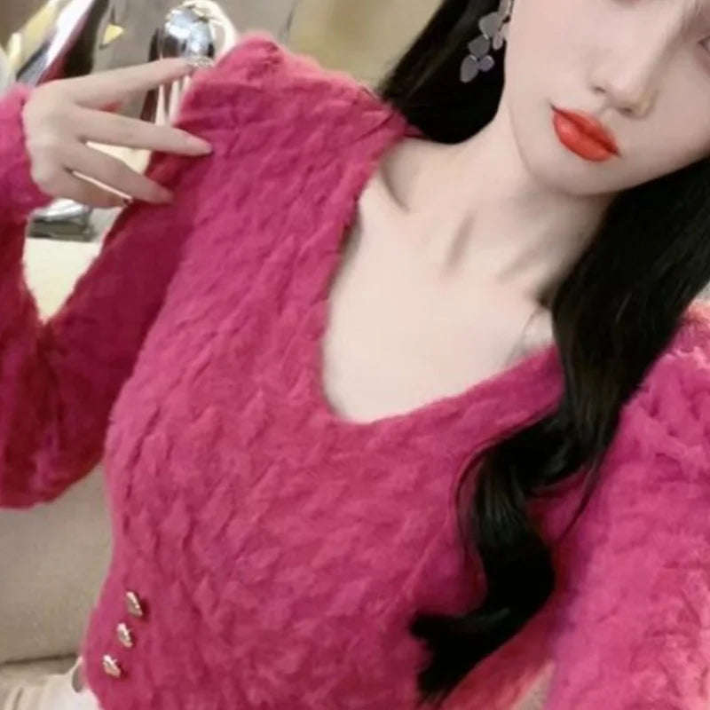 Women Clothes Spring Autumn Fashion Simplicity Elegant All-match Temperament Solid Color V-neck Puff Sleeve Button Long Sleeve T