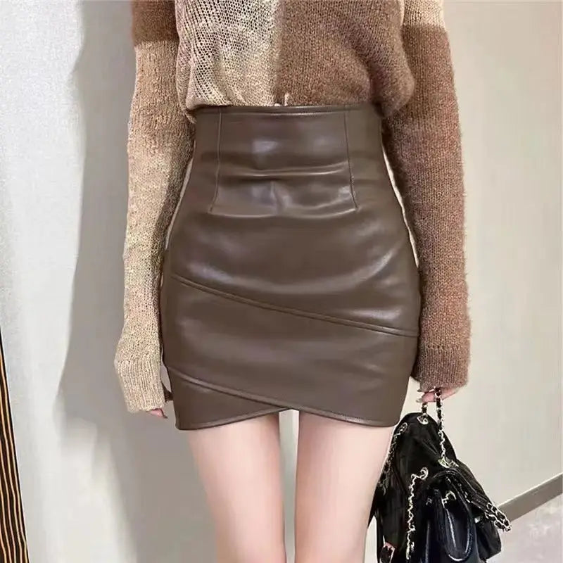 Women Clothing 2025 Autumn Korean Fashion Sexy Irregular Bodycon Mini Skirts Female High Waist Solid PU Leather Skirt Y2K Faldas