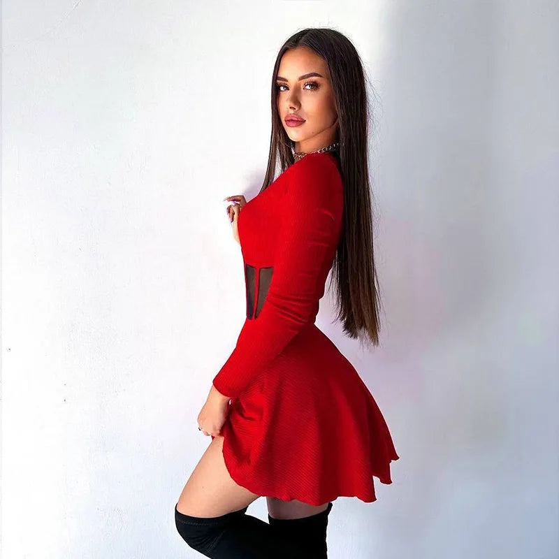 Women Fall Fashion A Line Dress Long Sleeve Crew Neck Stunning Mesh Splicing Corset Dress Y2K Going Out Night Club Party  Dress SwiftNest