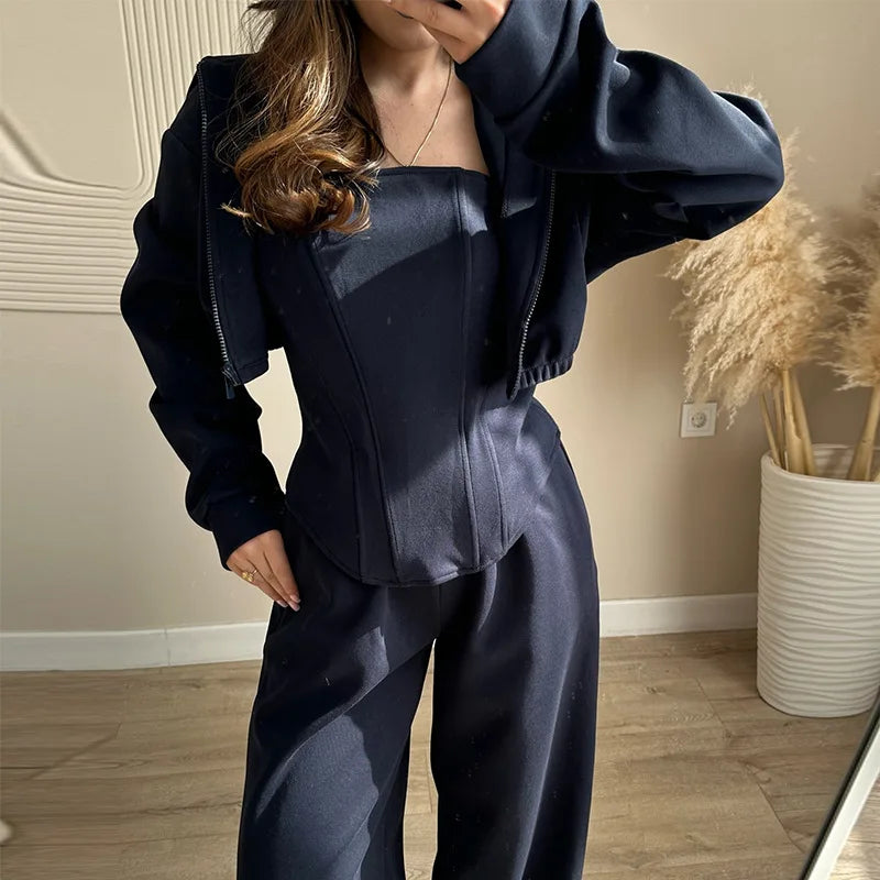 Women's clothing 2025 autumn new fashion hooded sweatshirt jacket vest wide leg pants three piece set