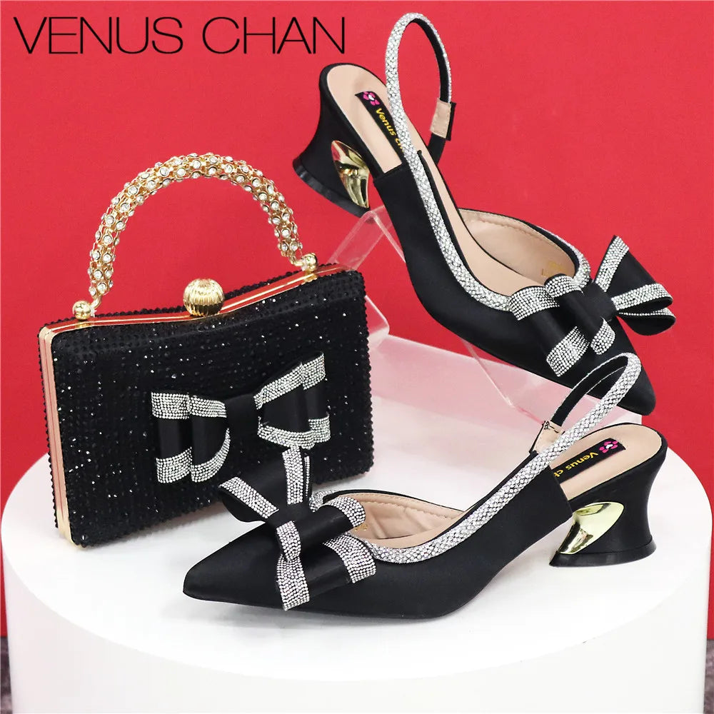 مجموعة أحذية وحقائب يد مدببة بمقدمة مدببة باللون الأخضر الزيتوني، أحذية بكعب متوسط ​​للنساء، مطرزة بأحجار الراين بتصميم إيطالي