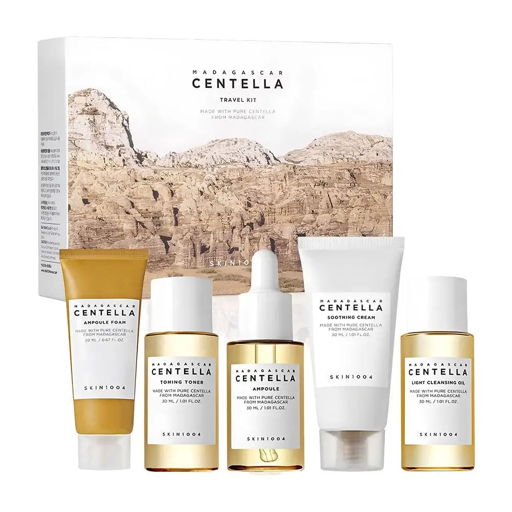 مجموعة العناية بالبشرة للسفر من SKIN1004 Centella Asiatica، تونر مرطب وخلاصة، تونر ومنظف وأمبولة، كريم مهدئ وزيت عطري