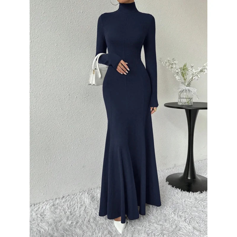 Women's Fashion Mature Style Dress Autumn Winter New High Neck Elegant Slim Fit Long Dress