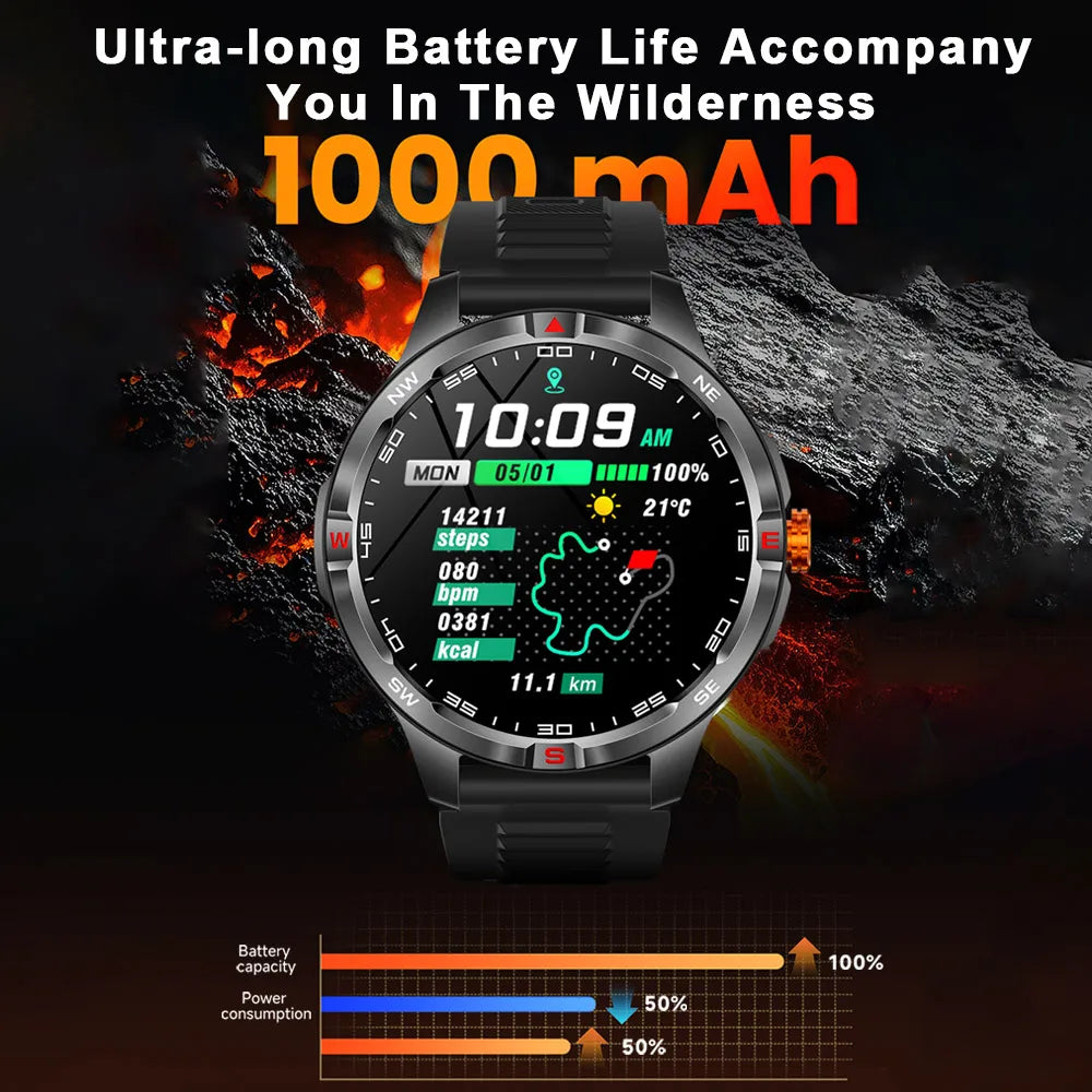 Outdoor Sports Smart Watch Men 1100mAh Large Battery Bluetooth Call 100+ Sports Modes Compass Waterproof Health Sport SmartWatch
