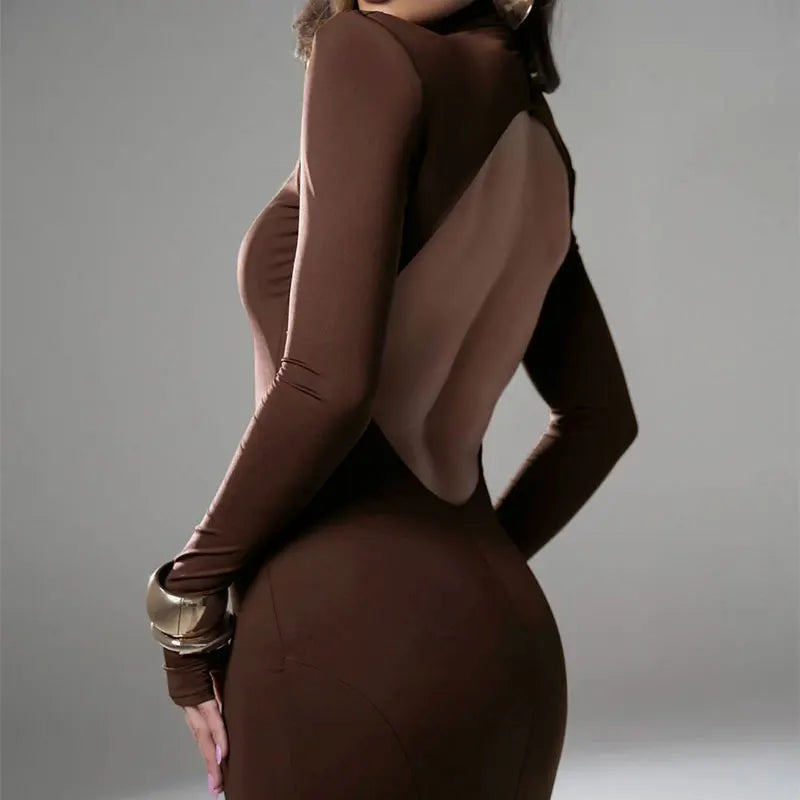 Women's Dresses Autumn Winter New Sexy Solid Backless Elegant Dress Streetwear Fashion Casual Slim Turtleneck Long Sleeves Dress