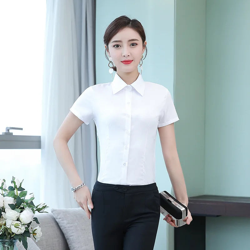 Fashion White Shirts Woman 2025 Autumn Short Sleeve Blouse Solid Ladies Tops OL Female Clothing  Basic Work Shirt Women's Blouse SwiftNest