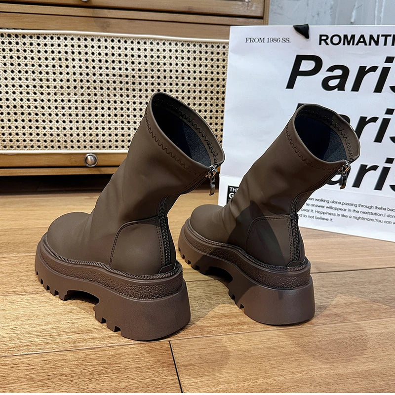 Platform Heel Women Short Booties Fashion Back Zippers Ankle Booties Retro Style Autumn Winter Female Shoes