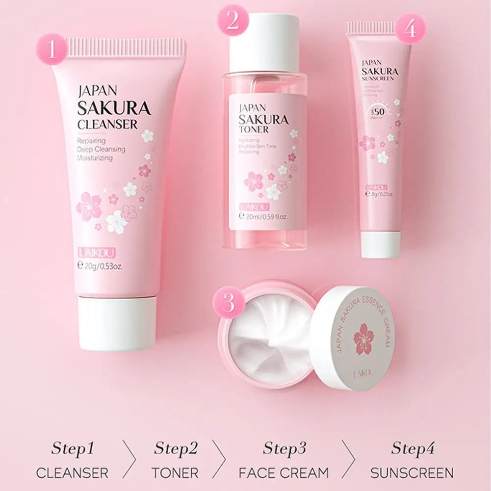 3/4Pcs/Set Sakura Skin Care With Cleanser Toner Eye Cream Facial Cream Sunscreen Beauty Products For Women Travel Skin Care Kit