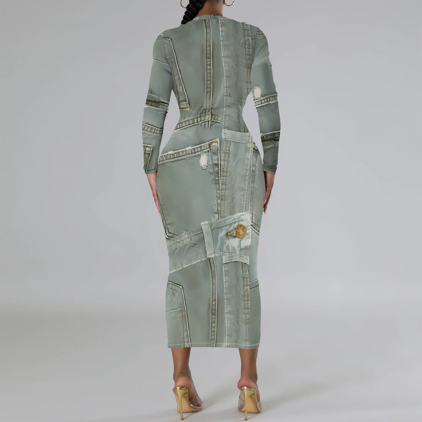 European and American women's fashion temperament casual print slim black dress