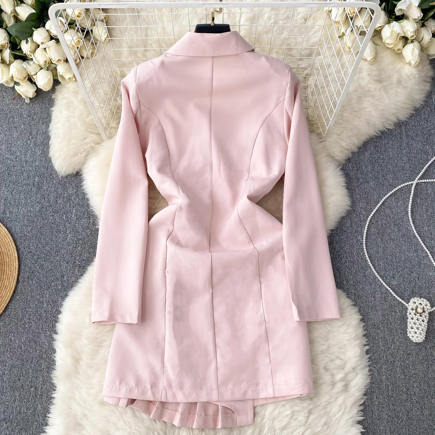 Women's Fashion Trendy Office Coat Dress Ladies Age Reduce Suit Collar Strap Tight Fit Short Pleated Long Sleeve Dress Coat