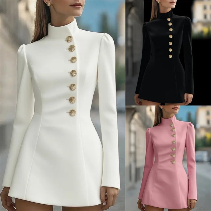 Women Fashion Commuter Solid Blazers Dress Office Single Breasted Waist Party Dress Elegant Stand Collar Long Sleeve Mini Dress