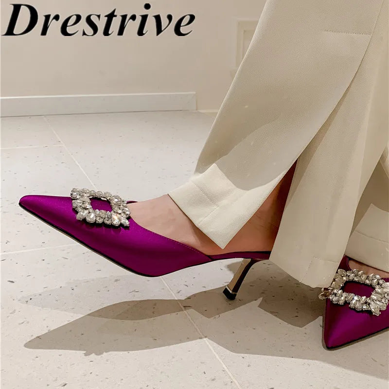 Drestrive 2022 Fashion Mules Crystal Knot Pointed Toe Women's Pumps Thin High Heel Summer Shoes Purple Dress Satin