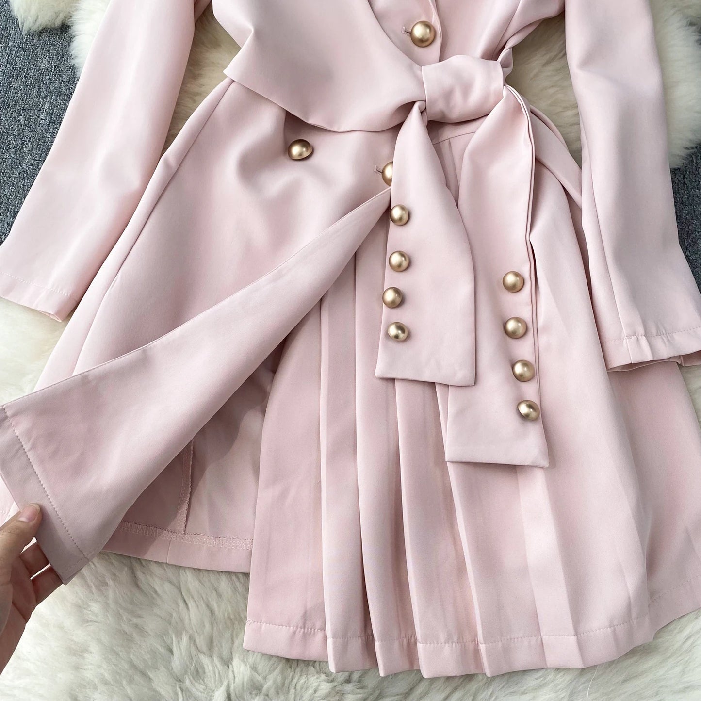 Women's Fashion Trendy Office Coat Dress Ladies Age Reduce Suit Collar Strap Tight Fit Short Pleated Long Sleeve Dress Coat