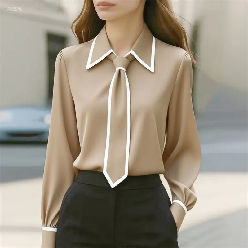 Women Elegant Fashion Lace up Patchwork Blouse Spring Autumn Casual Long Sleeve Lapel Shirt Office Lady French Shirt Tops 2025
