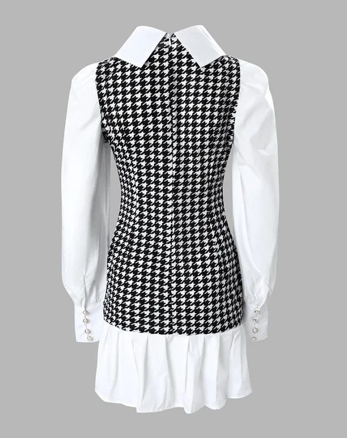 Womens Dresses 2024 Spring Fashion Houndstooth Button Decor Puff Sleeve Ruffle Hem Elegant Turn-Down Collar Daily A Line Dress SwiftNest