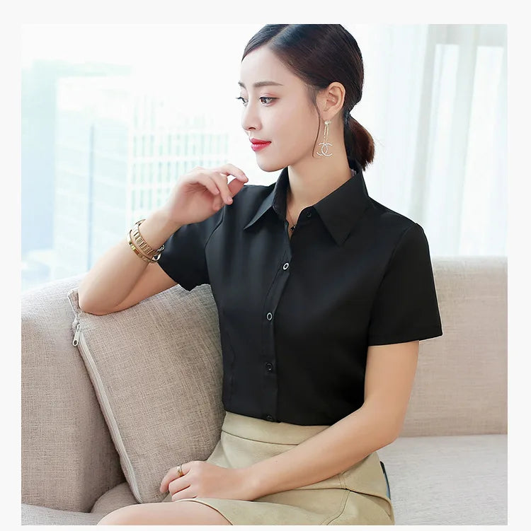 Fashion White Shirts Woman 2025 Autumn Short Sleeve Blouse Solid Ladies Tops OL Female Clothing  Basic Work Shirt Women's Blouse SwiftNest