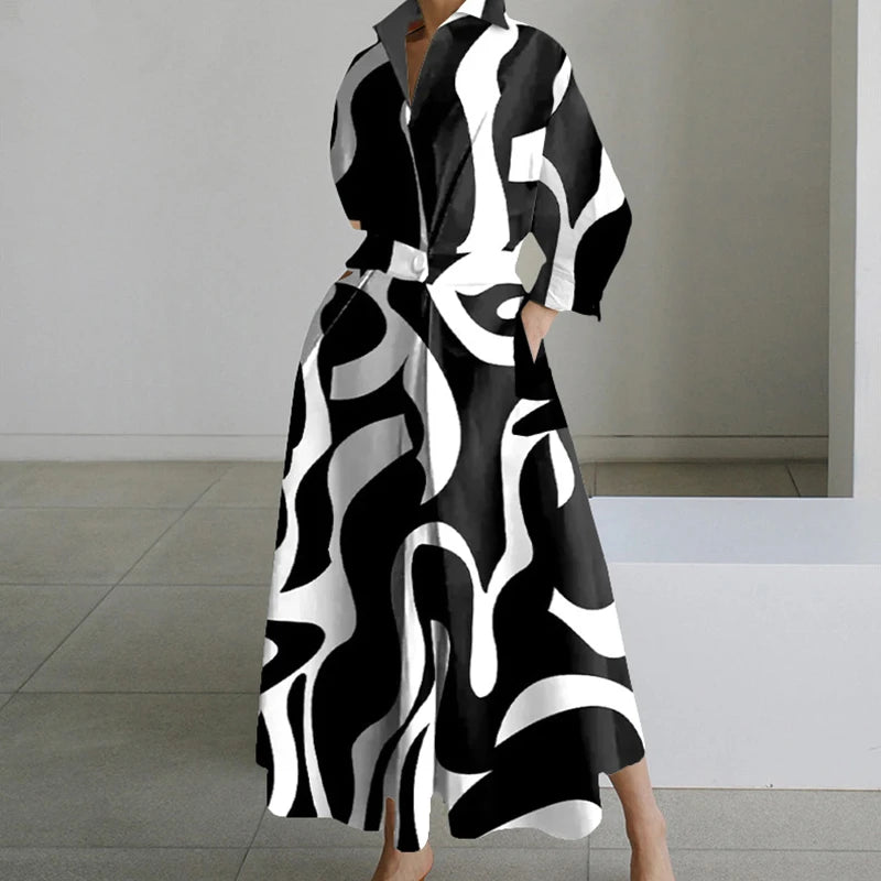 فستان نسائي ربيعي جديد بأكمام طويلة وياقة مطوية وخصر مرتفع مطبوع وأزرار أنيقة وحاشية كبيرة فضفاضة مناسبة للتنقل