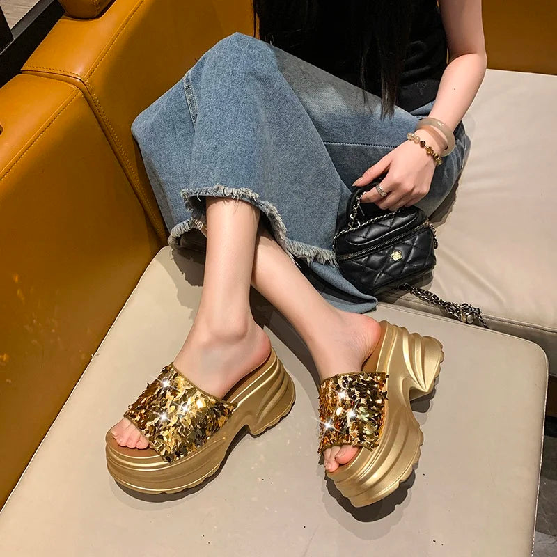 Aphixta Platform Sequined Cloth Sandals Slippers Women 8CM High Wedge Slides Women Shoes Gold Beach Slides Shoes