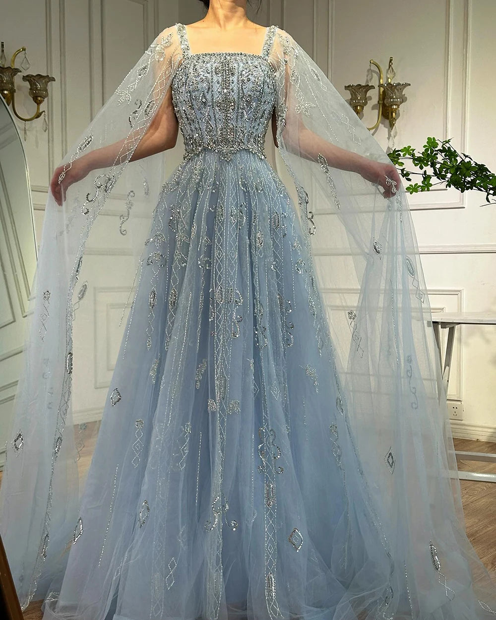 Serene Hill 2025 Arabic Nude A Line Cape Sleeve Crystal Beaded Luxury Evening Dresses Gowns Formal Occasion Customize BLA72764