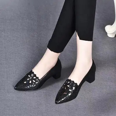 Flowers Hollow Sandals Women Retro Pointed Toe Chunky High Heels Breathable Fashion Ladies Shoes Zapatillas Mujer 2023