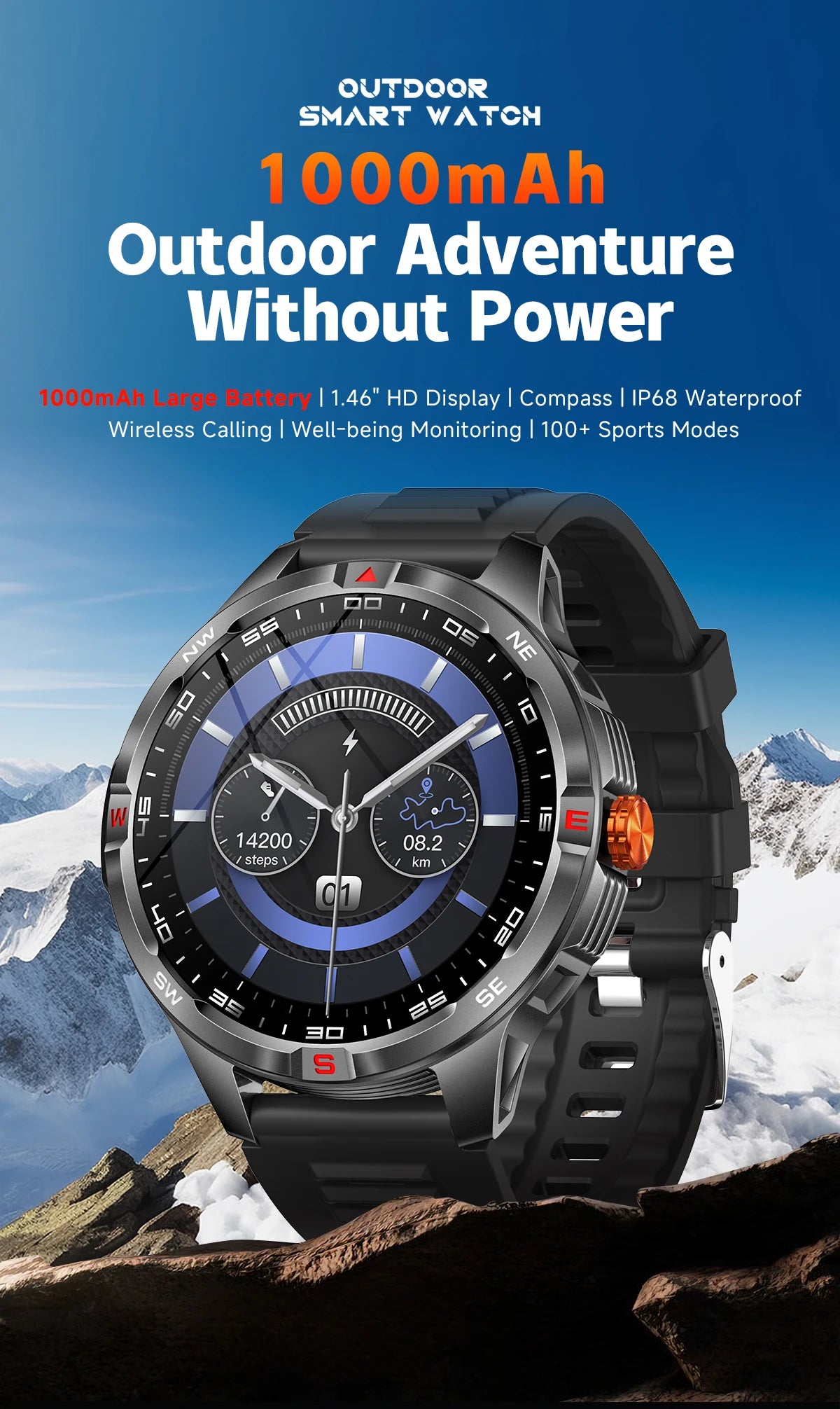 Outdoor Sports Smart Watch Men 1100mAh Large Battery Bluetooth Call 100+ Sports Modes Compass Waterproof Health Sport SmartWatch