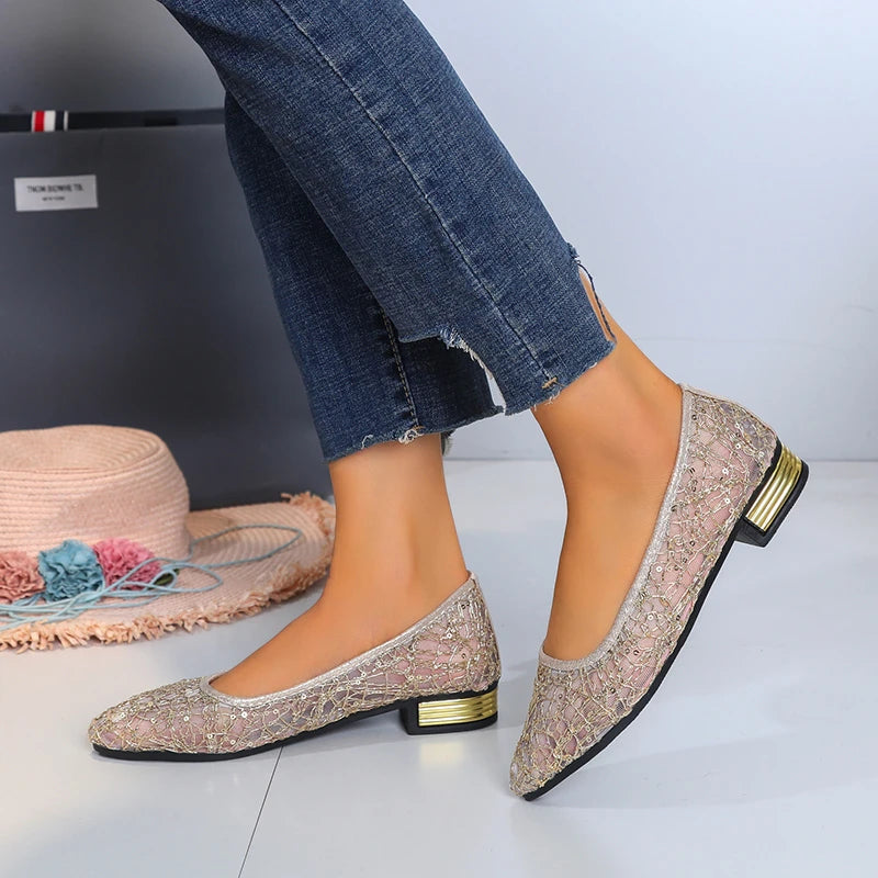 2024 Spring Summer Fashion New Casual Shallow Breathable High Heels Elegant Square Toe Thick Heel Mesh Women's Shoes NO:C1502