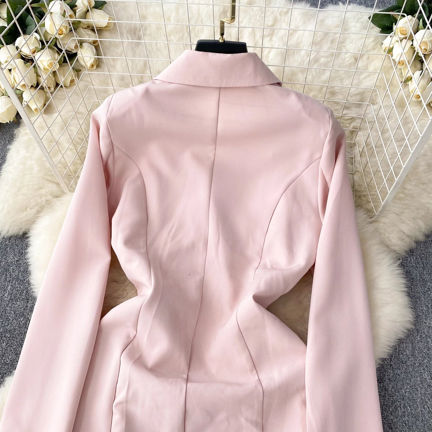 Women's Fashion Trendy Office Coat Dress Ladies Age Reduce Suit Collar Strap Tight Fit Short Pleated Long Sleeve Dress Coat