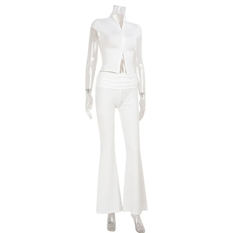 Women's Fashion Short Sleeve Pants Set Chic Tight Zipper Top Straight Leg Low Waist Trousers Casual Streetwear Commute Outfit