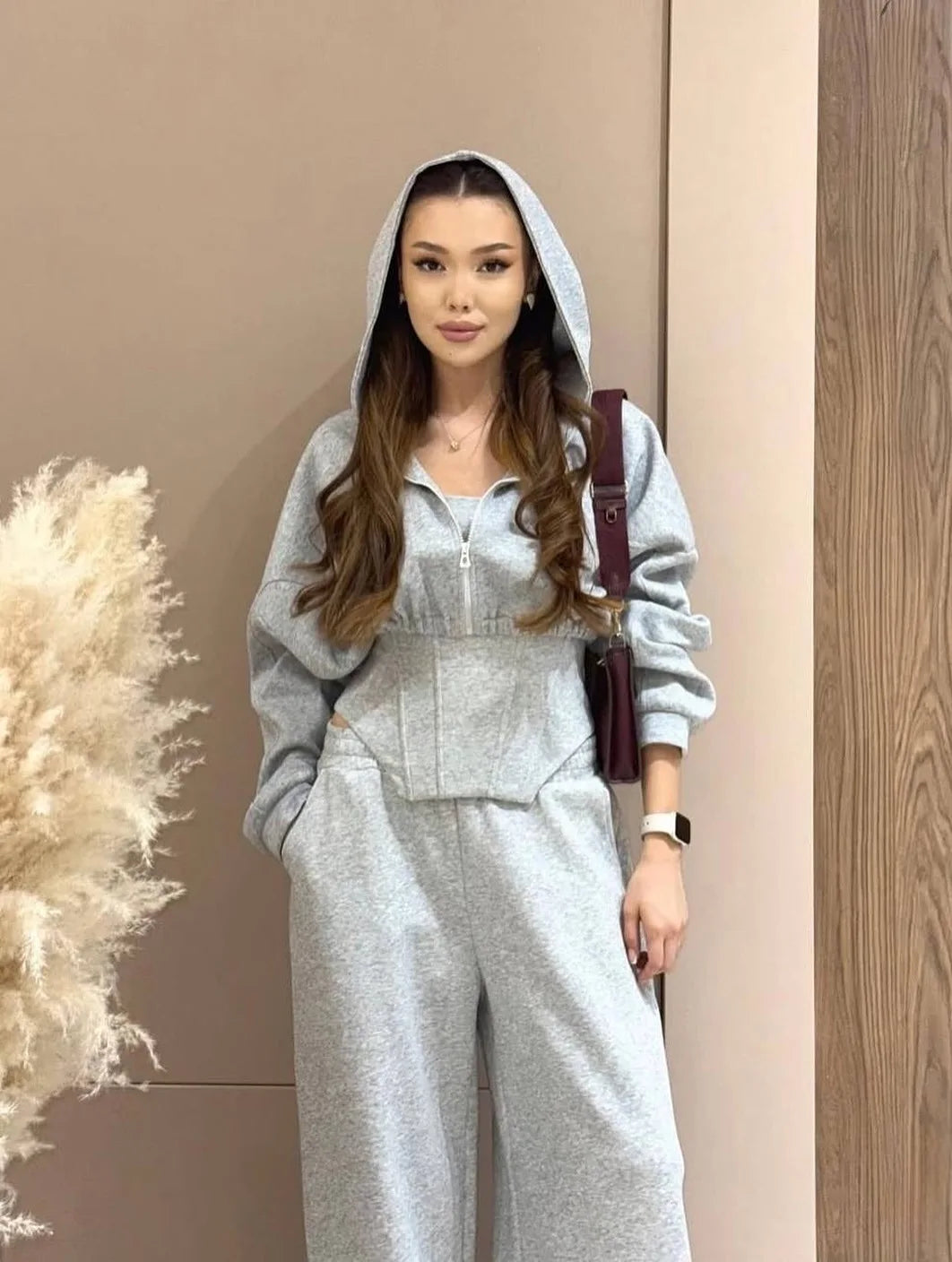 Women's clothing 2025 autumn new fashion hooded sweatshirt jacket vest wide leg pants three piece set