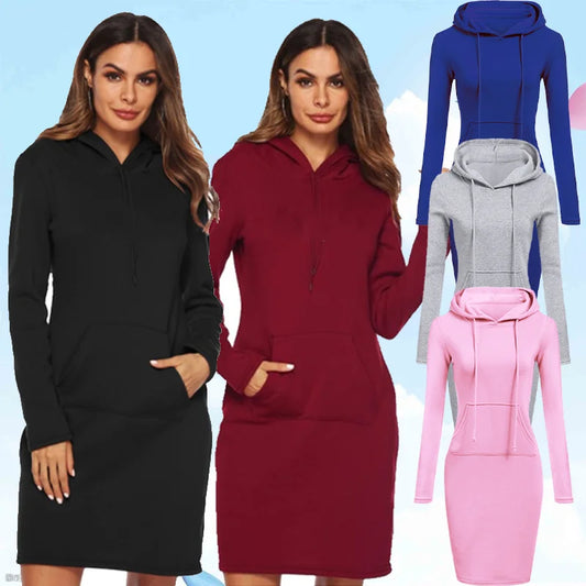 فستان رياضي نسائي عصري، فستان نسائي كاجوال بغطاء للرأس وجيب للخريف والشتاء، فستان بأكمام طويلة بلون سادة