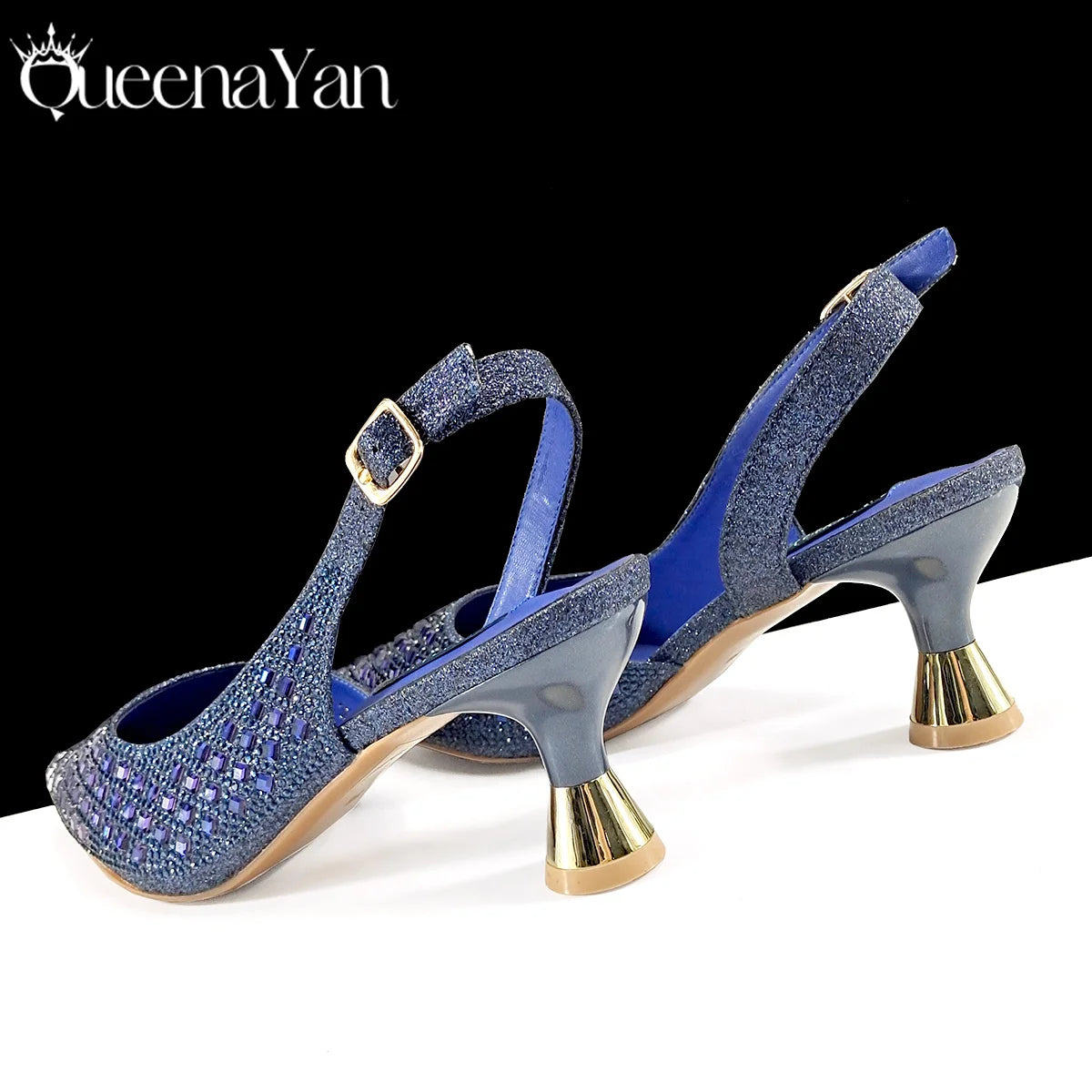 Queena Yan Italian Design Rhinestone Luxury Green Colour Pointed Toe Shoe & Bag Set Women's High Heels for Parties High Quality