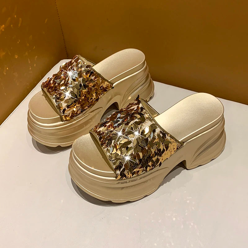 Aphixta Platform Sequined Cloth Sandals Slippers Women 8CM High Wedge Slides Women Shoes Gold Beach Slides Shoes