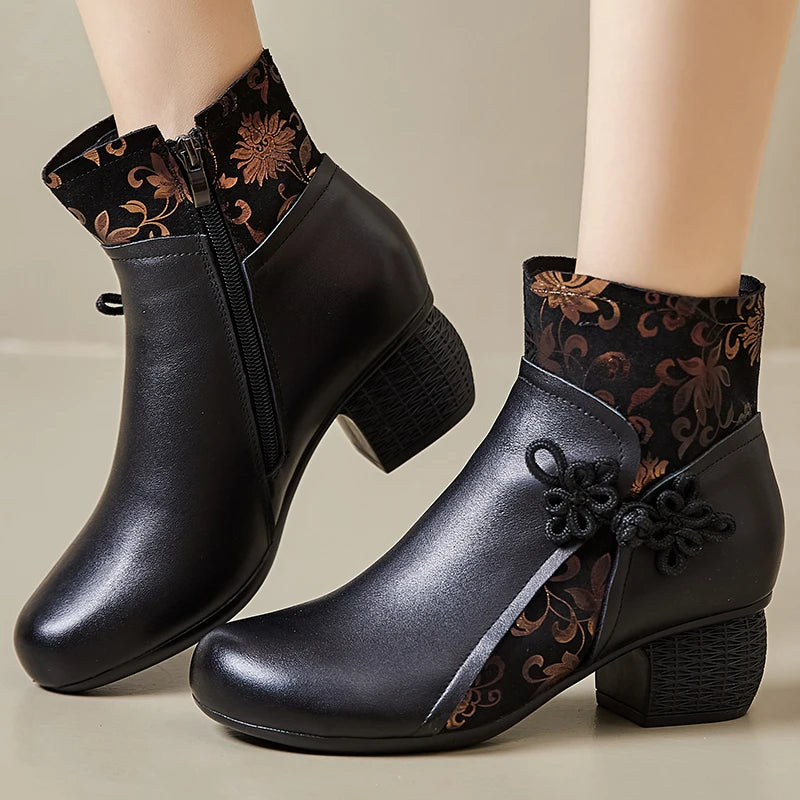 GKTINOO Genuine Leather Ankle Boots 2025 Winter New Ethnic Printed Women's Boots Soft Soles Thick Heels Mother's Leather Boots