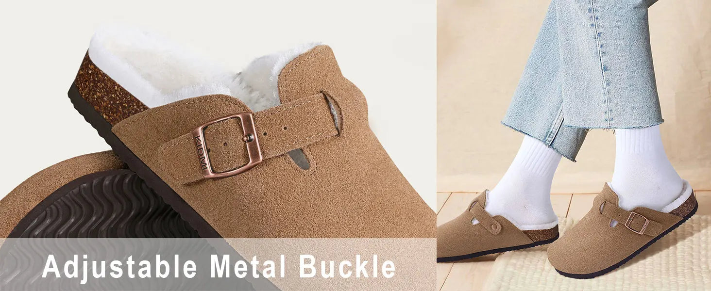 Crestar Women's Fur Lined Suede Clogs Winter Warm Fuzzy Cork Footbed Mules Unisex Cow Suede Potato Shoes Support Drop Shipping