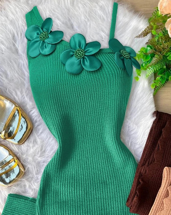 Sexy Elegant Dresses for Women New Fashion 2024 Autumn Spring Summer Casual Floral Pattern Beaded Knit Bodycon Dress