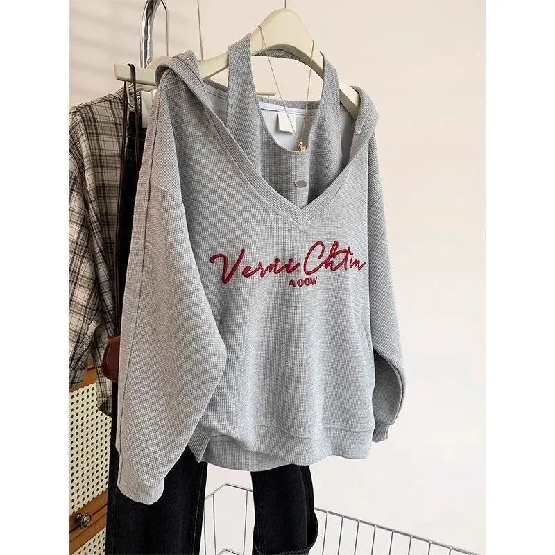 Women Clothing Winter Fashion Korean Printing Solid Color Two-piece Set Hoodies Female Fashionable Appear Thin Loose Long Sleeve