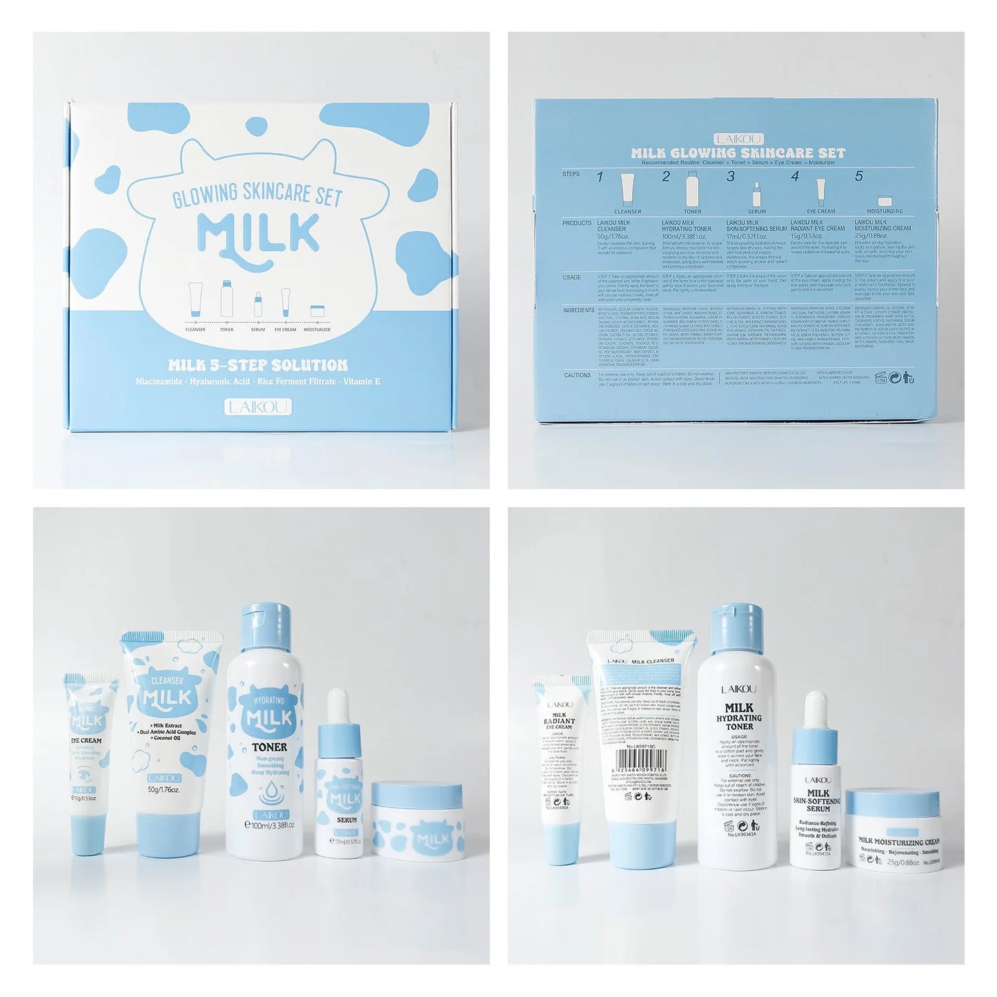 Milk Brightening 5-Piece Skincare Set - Hydrating & Brightening Includes Cleanser Toner Serum Eye Cream Moisturizer