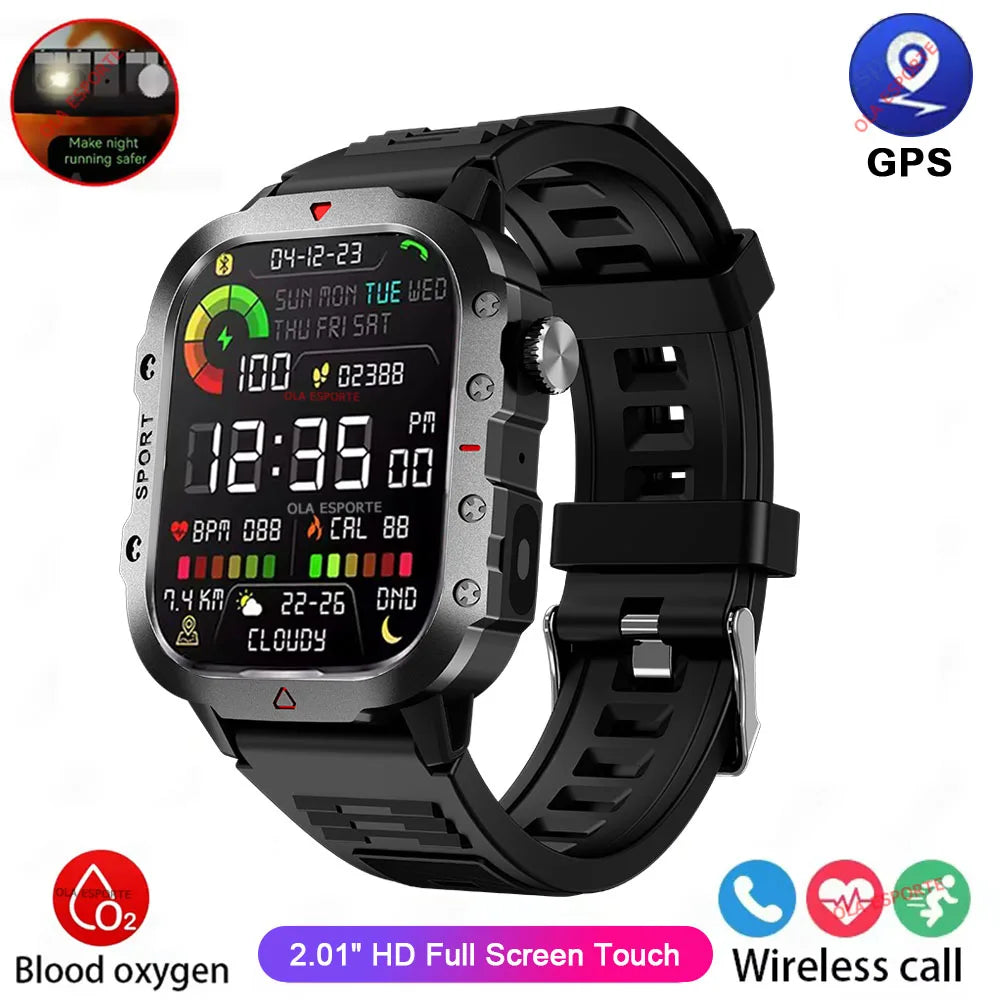 Outdoor Sports Smart Watch 2.01 Inch AMOLED Screen LED Flashlight Bluetooth Talking Smart Watch for Men Women Holiday Gifts 2025