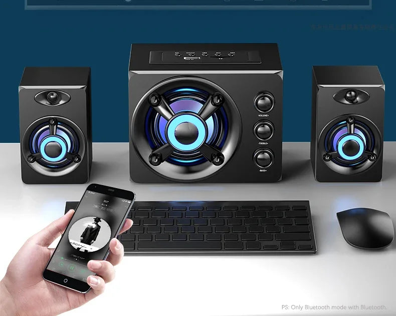 Powerful Bluetooth Speakers Colorful LED Home TV Theater Sound Wireless Subwoofer 3D Stereo Surround Wooden Material USB Wired