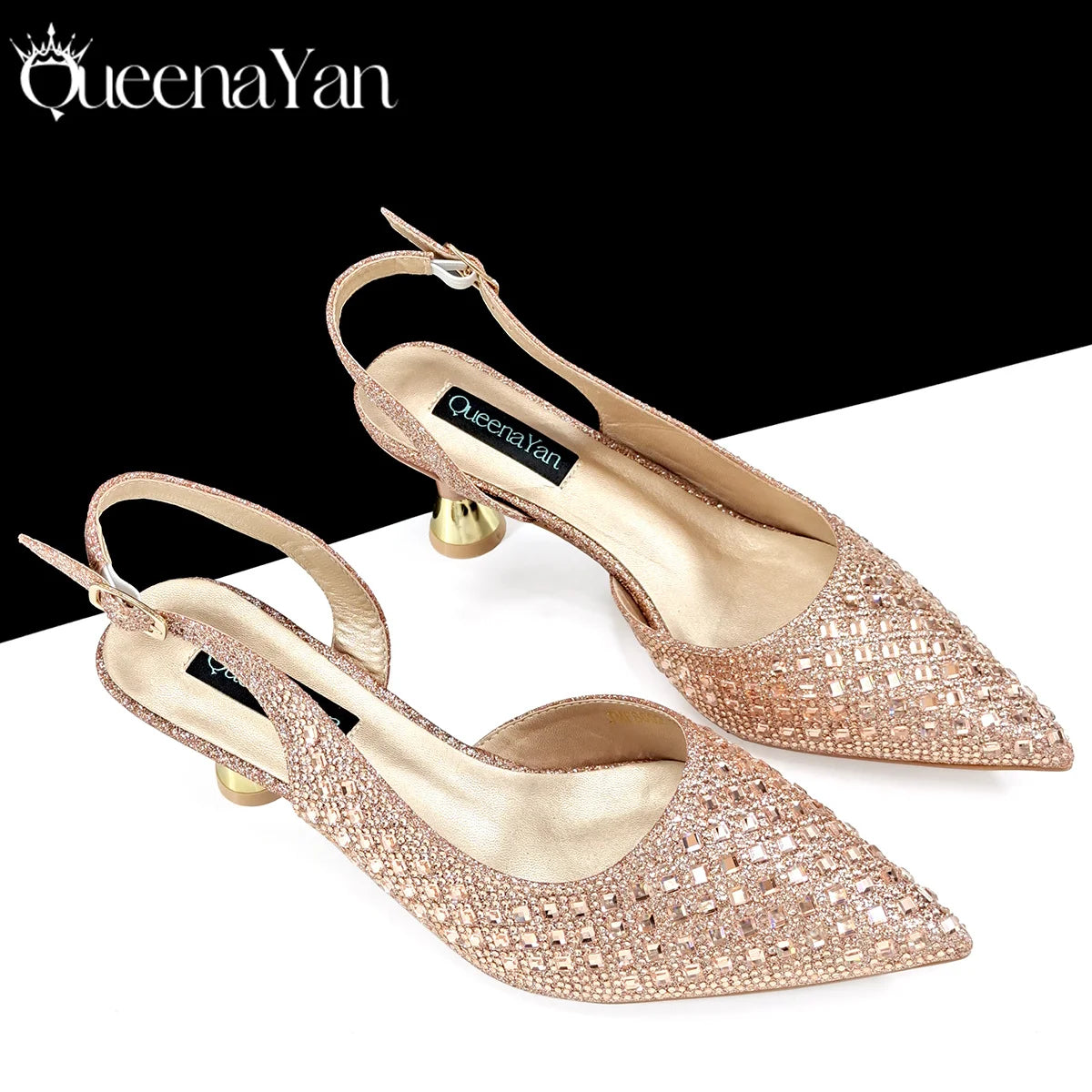 Queena Yan Italian Design Rhinestone Luxury Green Colour Pointed Toe Shoe & Bag Set Women's High Heels for Parties High Quality
