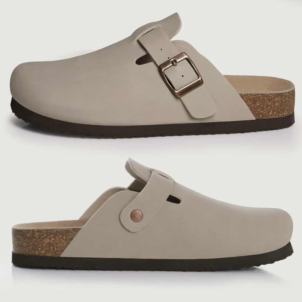 Gacimy Women's Suede Clogs with Arch Support Retro Leather Flat Mules Lady Cork Footbed Sandals Unisex Classic Clogs Slippers
