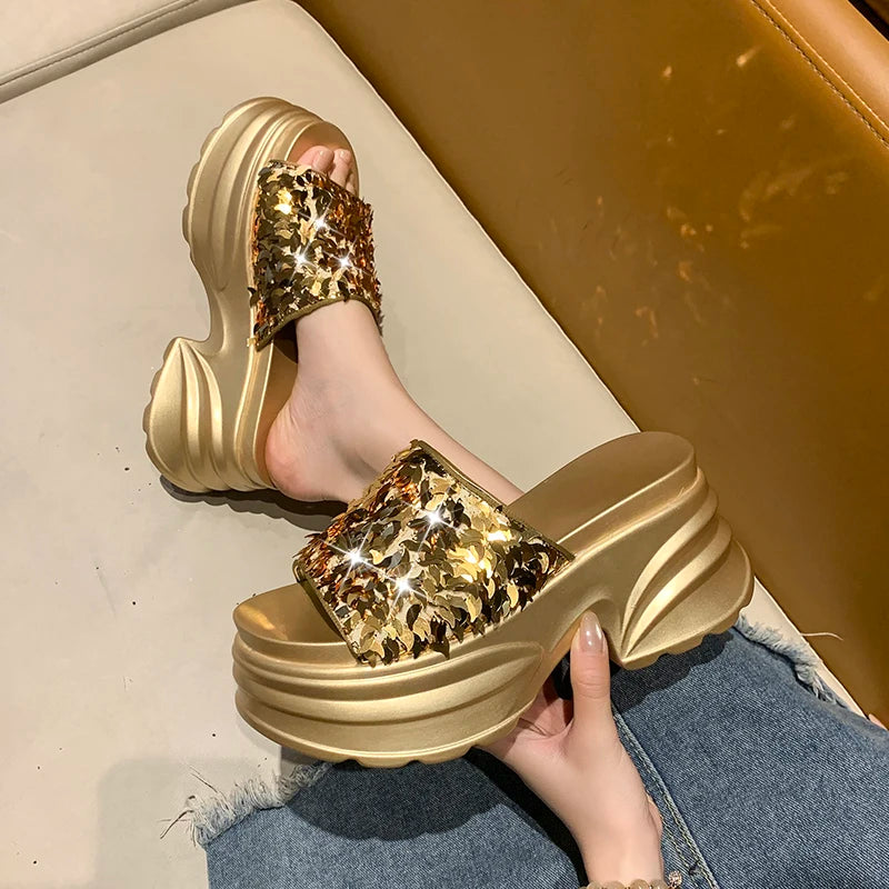 Aphixta Platform Sequined Cloth Sandals Slippers Women 8CM High Wedge Slides Women Shoes Gold Beach Slides Shoes