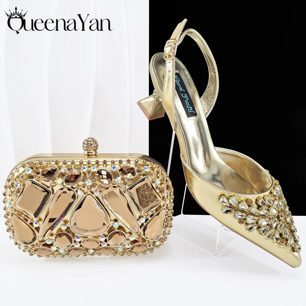 Queena Yan Italian shoes and handbags accessory set with rhinestone metal embellishments Wedding shoes Bridal shoes Designer
